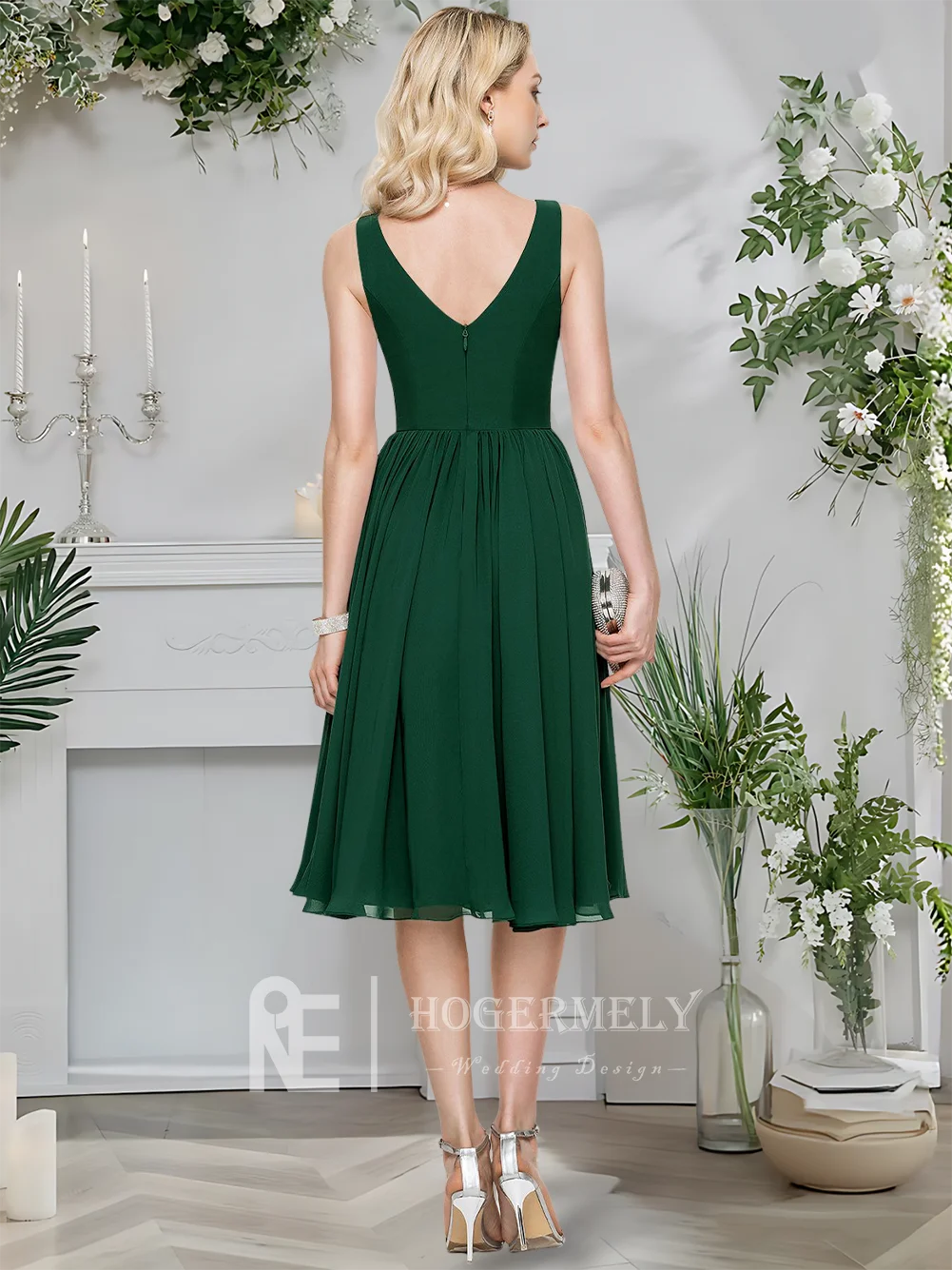 여성 ​ ​ 우아한 짙은 녹색 칵테일 드레스 여성용 2025 A라인 V넥 쉬폰 롱 드레스 무릎 길이 파티 게스트 드레스