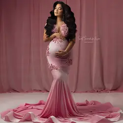 Mermaid Pink Robe Appliqued Maternity Dress for Babyshower2024 Photo Shoot Vestiti Sposa Pregnant Women Gowns