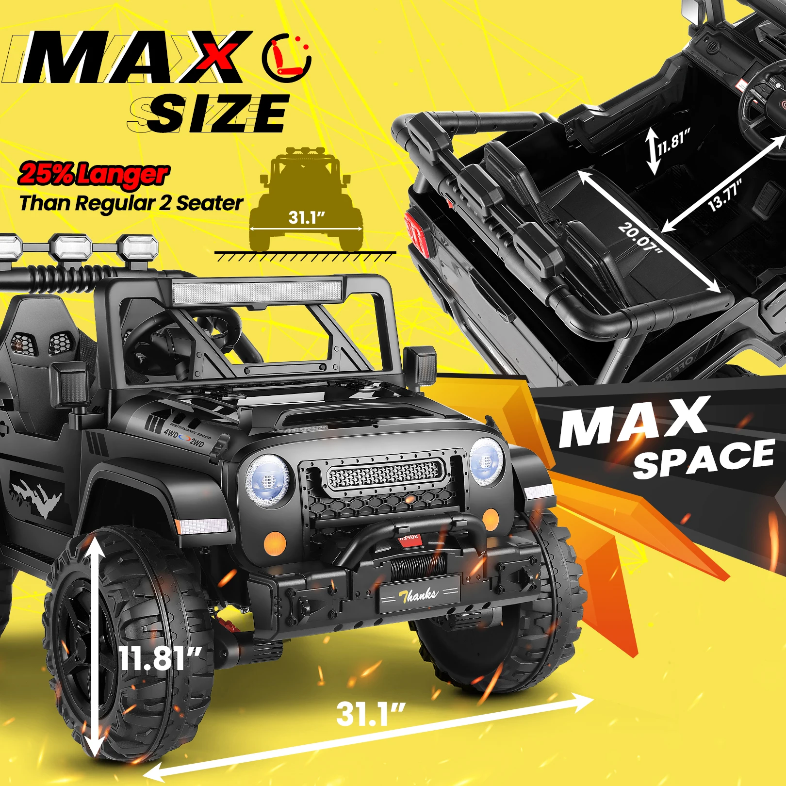 Elektryczny samochód dla dzieci 24V, dwuosobowy, zasilany akumulatorowo, z mocnym silnikiem 4x200W, pilotem i schowkiem na muzykę.