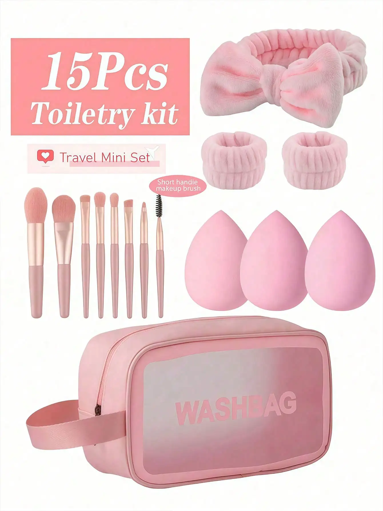 15-piece Pink Makeup Brush Set with Beauty Sponge, Headband, Wristband, and Travel Storage Bag