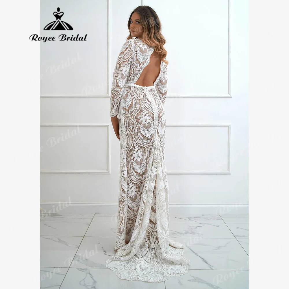 Vintage Bohemian Lace Backless Long Sleeve Mermaid Boho Wedding Dress for Women 2024 Rustic Country Bridal Gown Customized Sexy