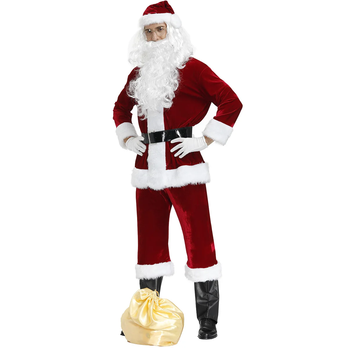 Santa Claus Kostüm 9pcs roten Samt Weihnachten Weihnachten Santa Anzüge mit Hut Bart Gold für Männer Urlaub Party Cosplay Kostüm