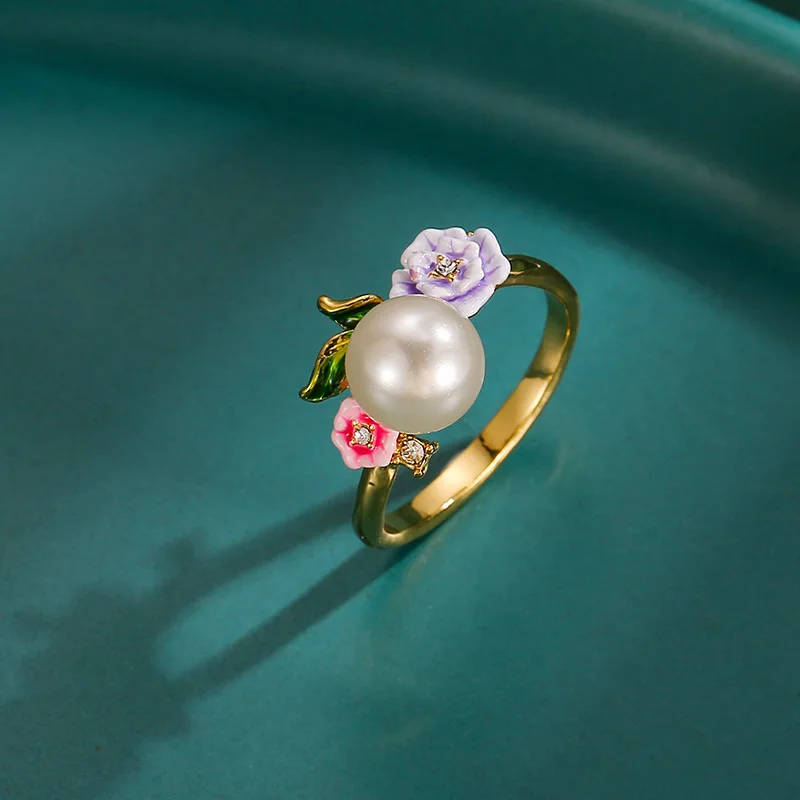 

Pearl Flower Ring for Women Handmade Enamel Flower Ring Temperament Finger Rings Anniversary Wedding Birthday Jewelry Gift