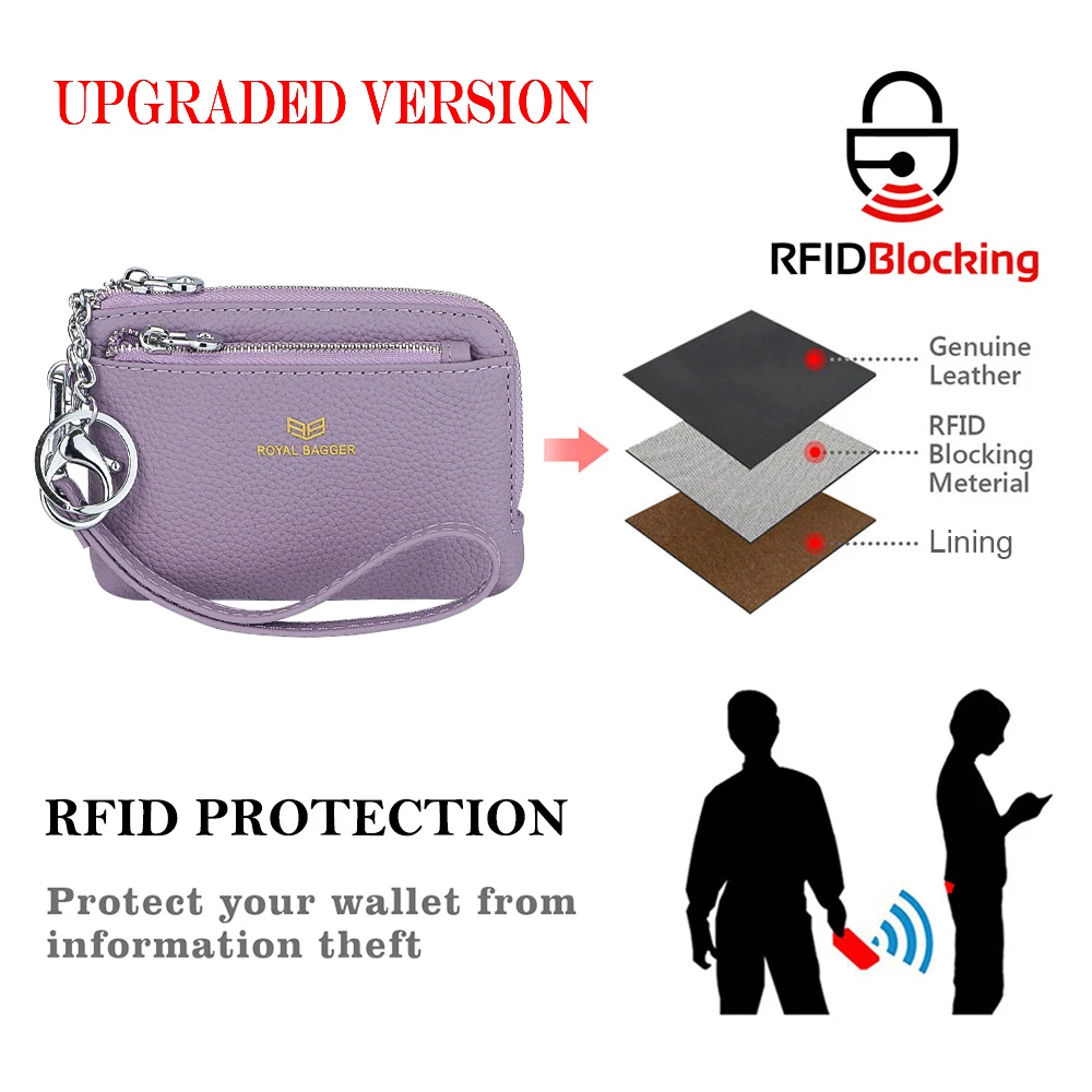 Royal Bagger RFID Coin Purse with Keychain, Genuine Leather Multi Zipper Clutch Wallet, Portable Wristlet Card Holder