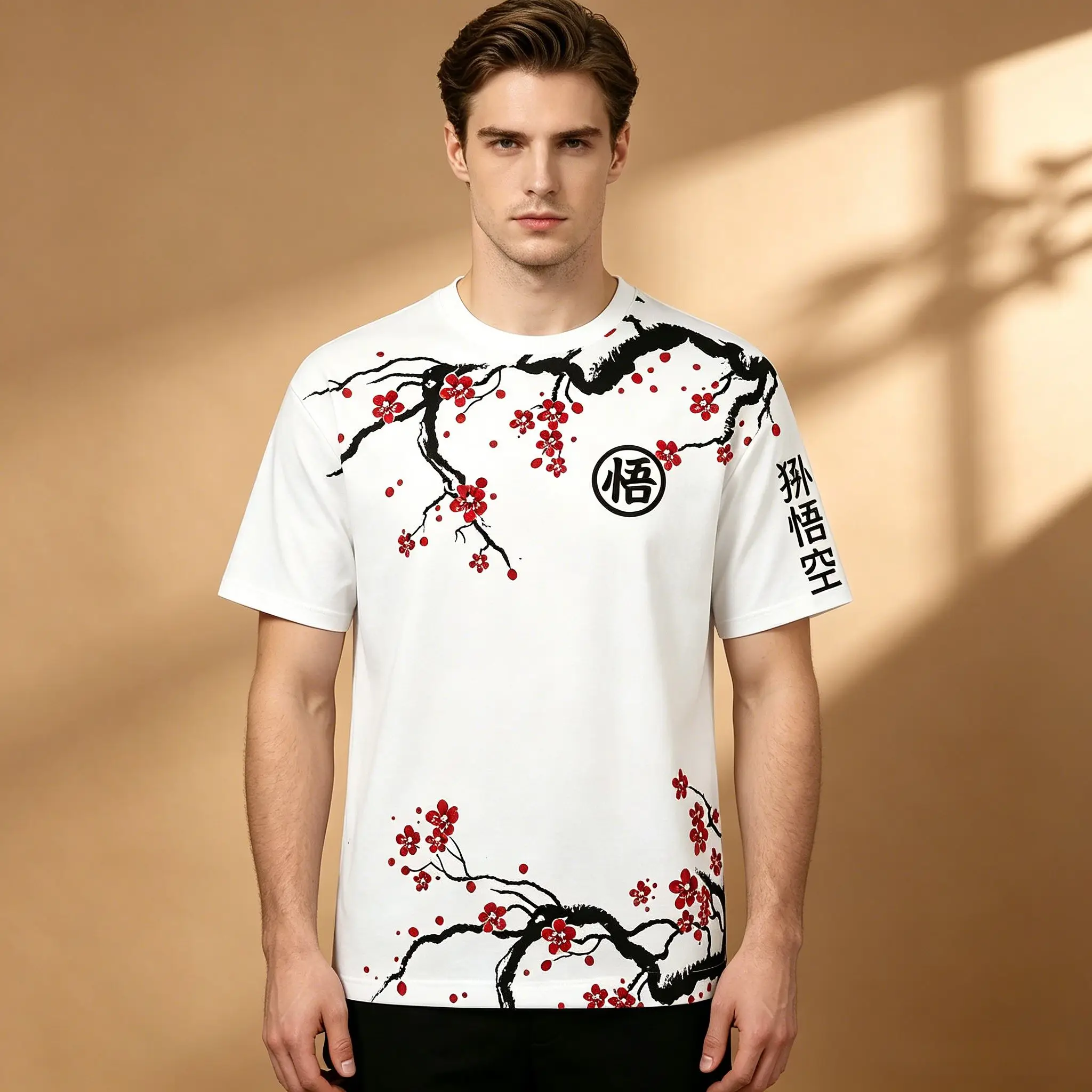 Herren-T-Shirt mit doppelseitigem Dragon Ball Goku-Motiv, Kirschblüten und japanischem Ukiyo-E, weißes Anime-Kanji-Kurzarm-Freizeitshirt