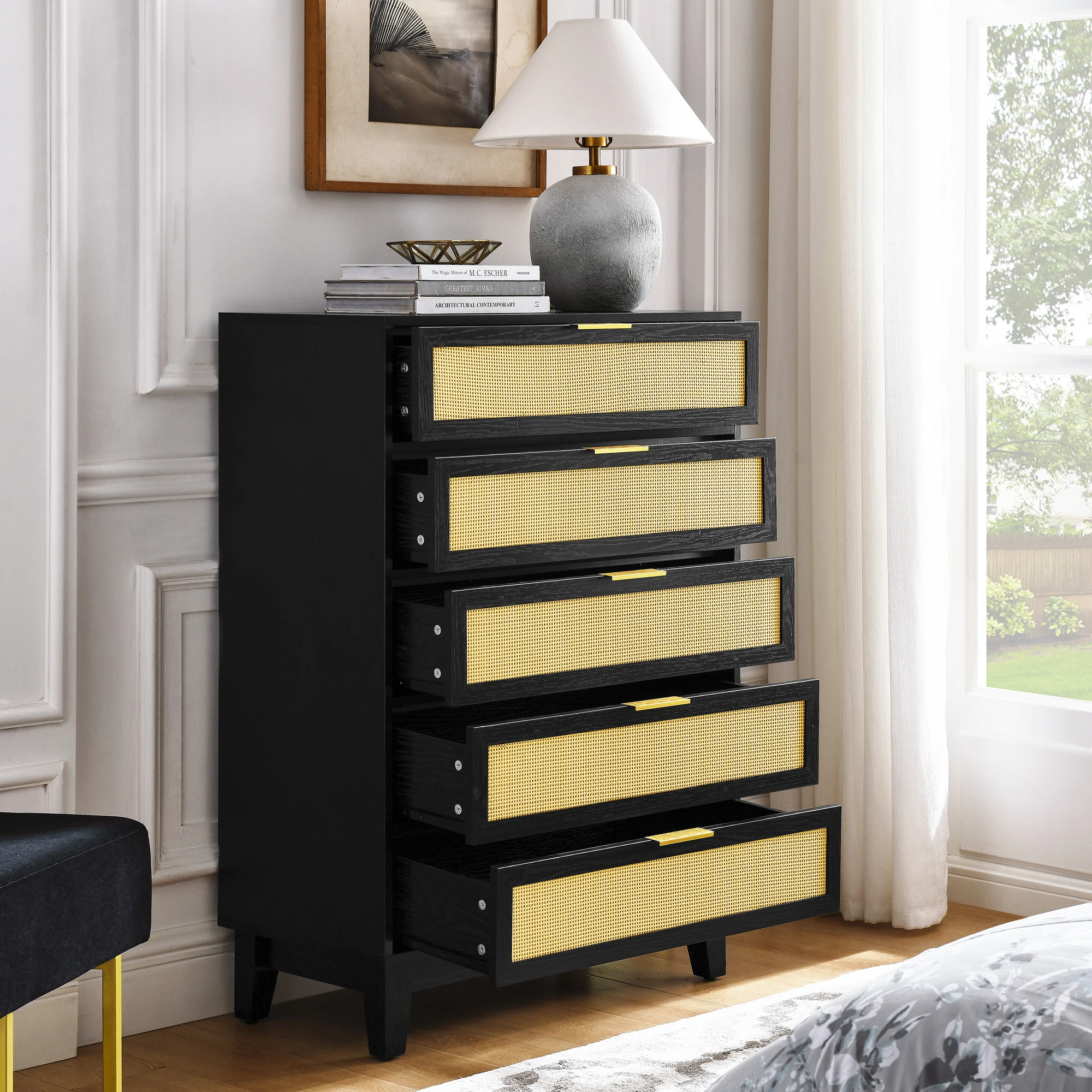 The bedroom 5 drawer dresser combines rattan material with modern wooden drawer cabinets, providing spacious storage space for t