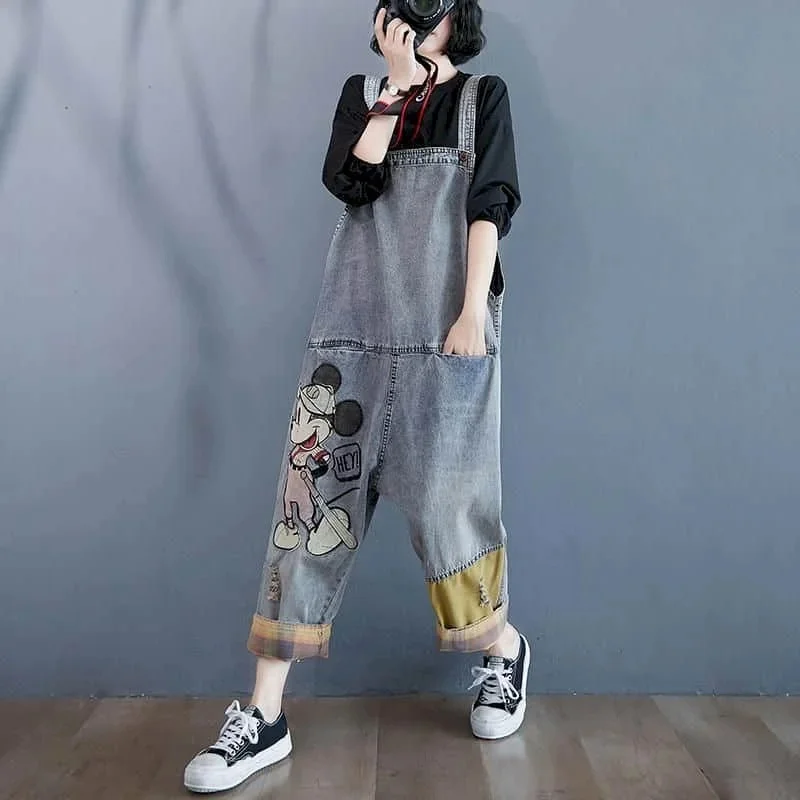 Kombinezony dżinsowe damskie spodnie haremowe luźne kombinezony dla kobiet ubrania koreański styl Vintage Playsuits Casual spodnie z nadrukiem kreskówkowym — zdjęcie 2