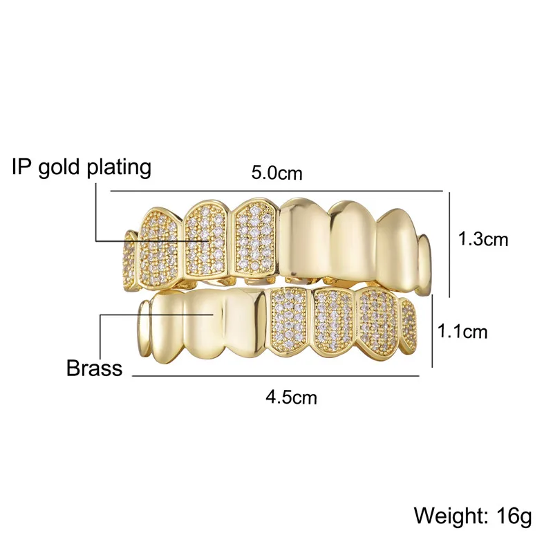 Hip Hop Half CZ Teeth Grillz Caps Bling Iced Out Cubic Zircon Micro Pave Top & Bottom Charm Grills Set For Men Women Jewelry Gif