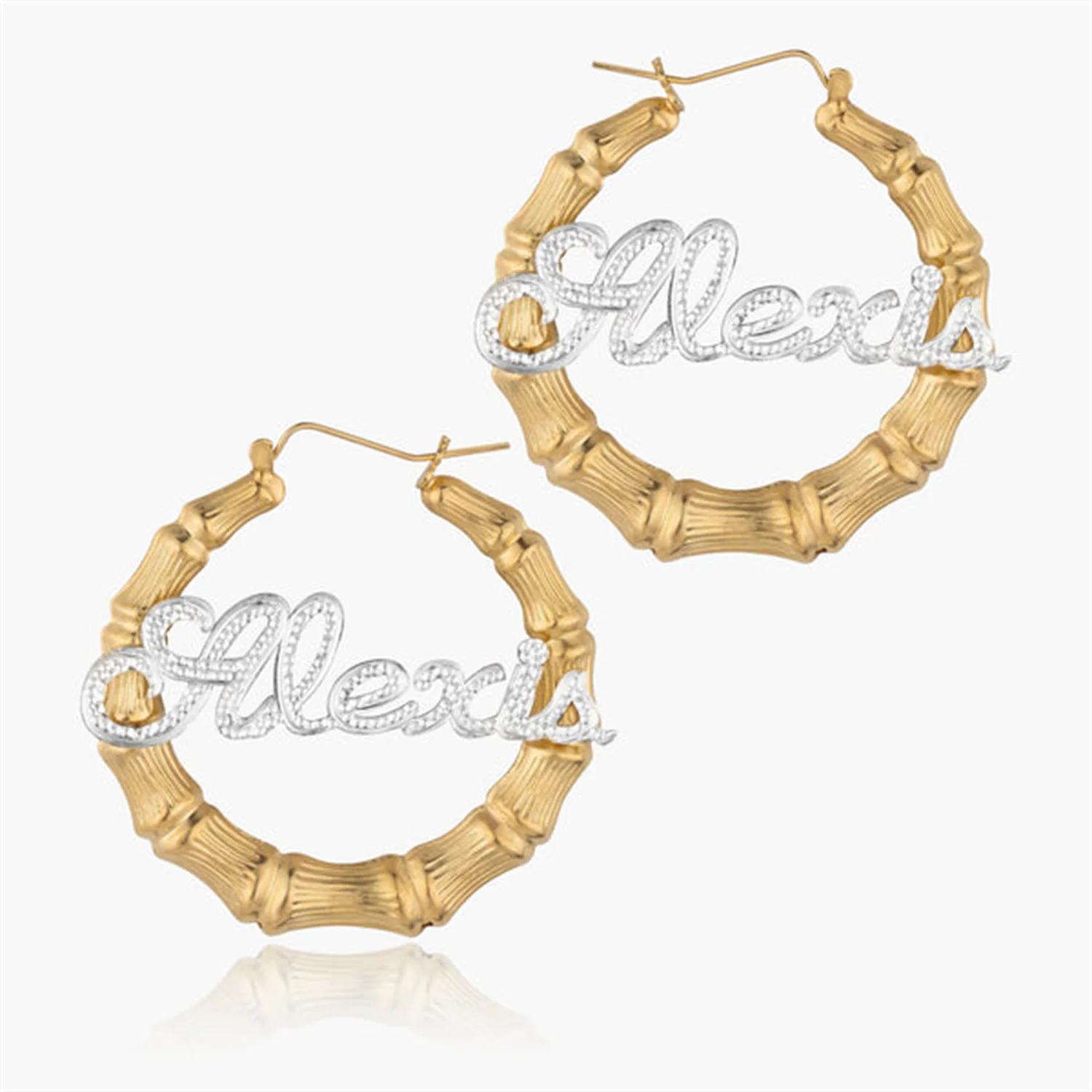 

Custom Bamboo Script Name Earrings Personalized Double Plated Hoop Earring 18k Gold Plated Bamboo Earrings Jewelry For Women