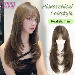 WTB WIGS Synthetic Wig with Bangs Long Brown Wigs for Women,Layered Heat Resistant Synthetic Wigs for Daily Use
