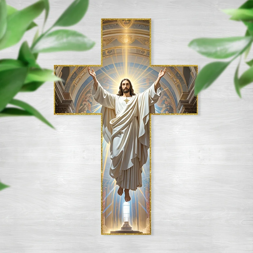 1 cruz colgante de pared de madera de Cristo Jesús, decoración artística de pared de madera, decoración religiosa del hogar, adecuada para sala de estar