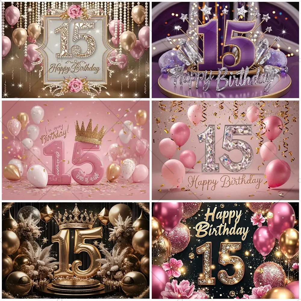 

15th Happy Birthday Party Backdrop Banner Blue Pink Balloon Decoration Boys And Girls Photography Studio Background Props Gifts