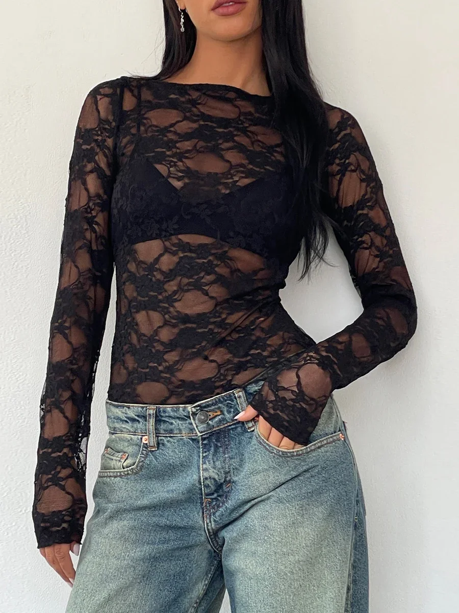 Damskie koszulki z długim rękawem Wiązane koronkowe koszule bez pleców Wiosna Jesień Slim Fit Tops Streetwear — zdjęcie 2