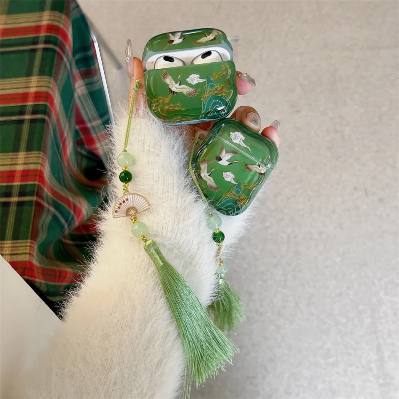 

Cute Crane Headphone Case For Apple Airpods 4 3 Pro 2 Cover with Tassel Pendant Silicone Headset Charging Cases For Airpod Pro2