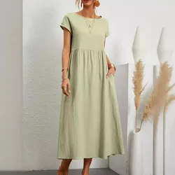 Summer Solid Maxi Dress Women Elegant Cotton Linen Short Sleeve O Neck Pockets Loose Sundress Female Harajuku Loose Long Dress