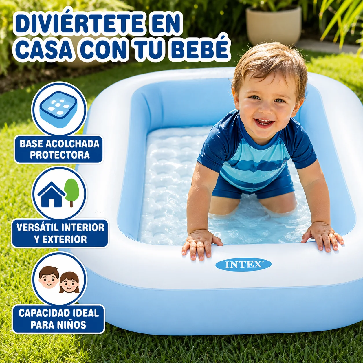 Piscina inflable rectangular azul Intex para niños pequeños, pileta con suelo acolchado antiimpacto, medidas 166x100x25cm capacidad 90L, PVC seguro no tóxico, uso interior hogar jardín terraza, bañera portátil diversión acuática verano para menores