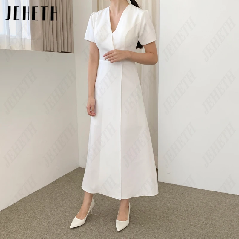 

JEHETH V-Neck A-Line Korea Wedding Dresses For Women Vintage Short Sleeve Bridal Gowns 웨딩드레스 Photography Ankle-Length Side Split