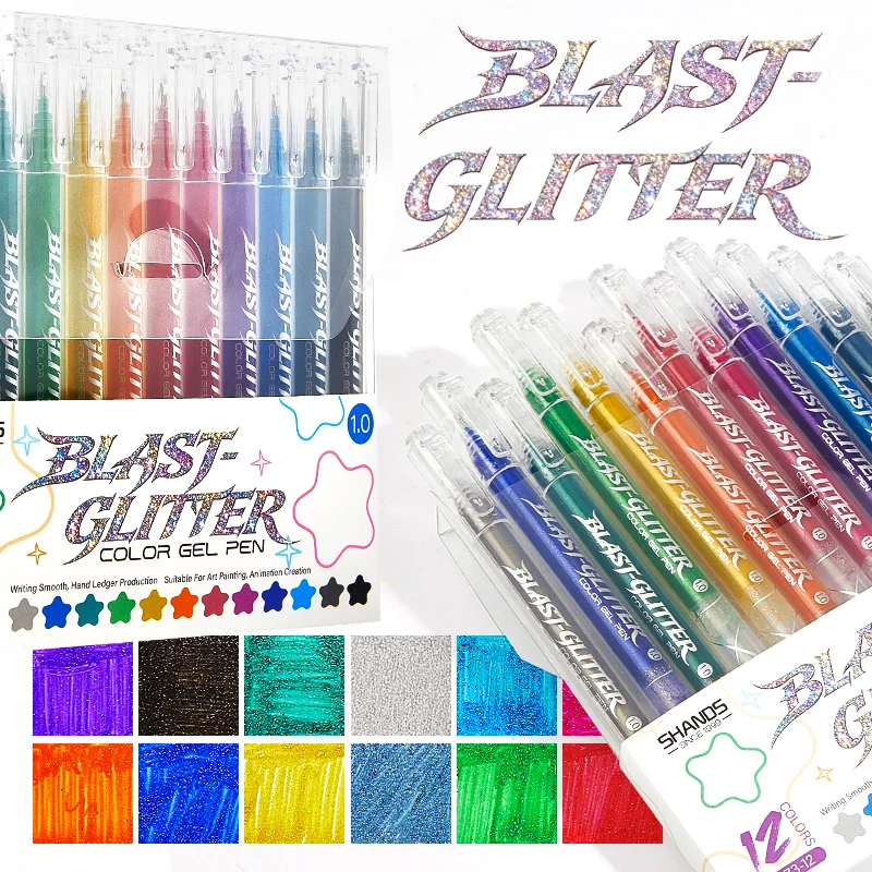 

12 Colors Glitter Gel Pens Set 1.0mm Bold Point Extra Sparkle Smooth Writing Shimmer Pens for Journaling Coloring Scrapbook Scho