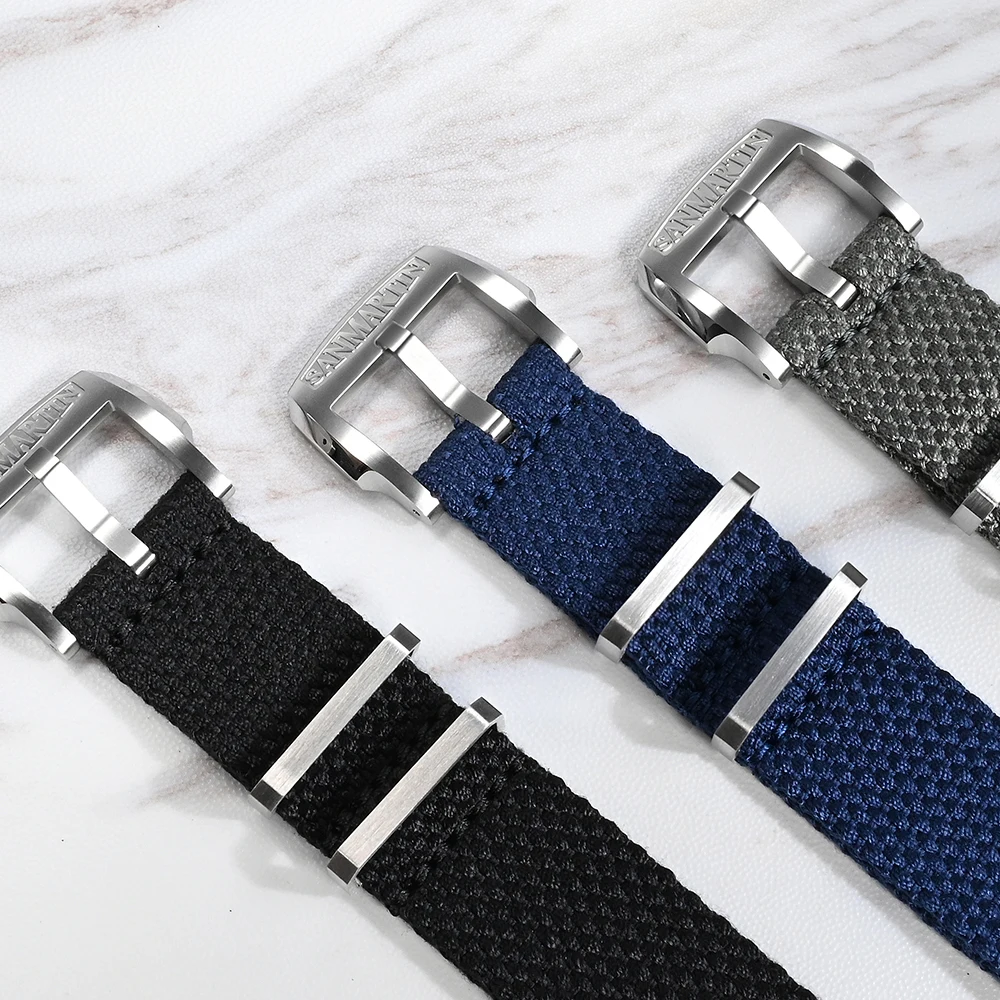 San Martin Braided Linen Watch Strap 22mm 20mm Paratrooper Watchband Fabric Watch Band Buckle Belt Breathable BD0012