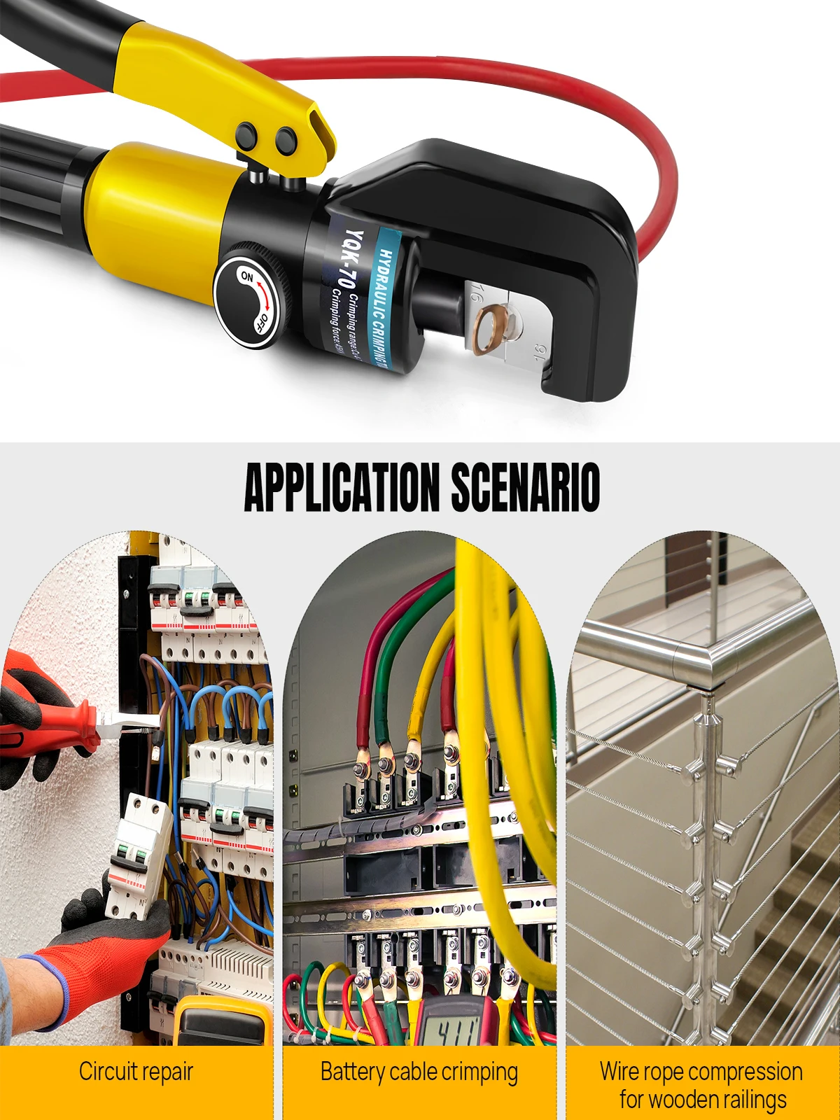 Zestaw hydraulicznych zaciskarek, narzędzie do zaciskania, szczypce zaciskowe z plastikowym pudełkiem, do kabli akumulatorowych, końcówek kablowych, 9 matryc, 100 kN, 4/6/8/10/16/25/35/50/70 mm² — 2