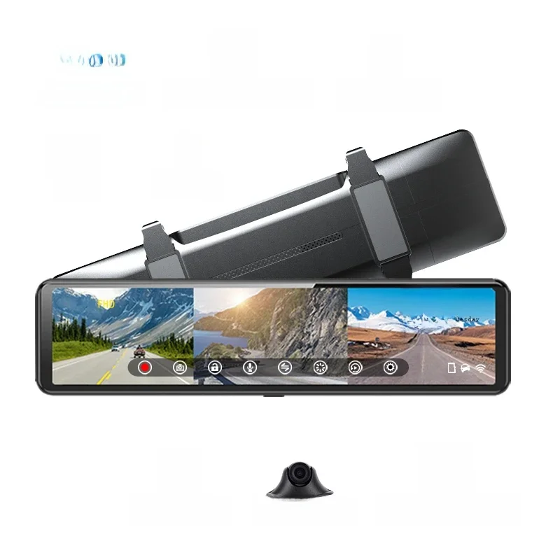 3 Cameras Car Dash Cam 12" 4K IPS Rearview Mirror Video Recorder Wireless BT Connection 2K Recording DVR GPS Navgation