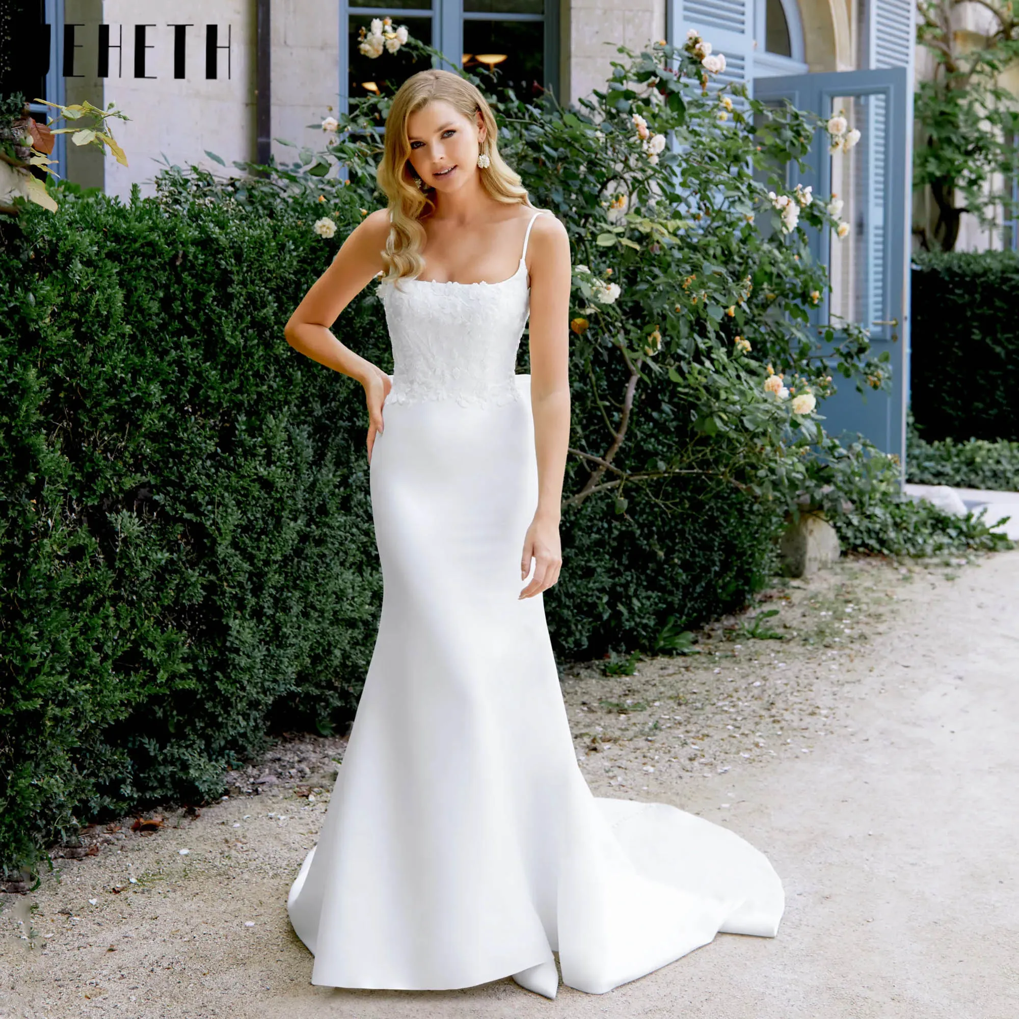 

JEHETH Spaghetti Straps Mermaid Bridal Dress With Bow Square Neck Satin Wedding Gowns 2025 Sleeveless robe de mariée Customized