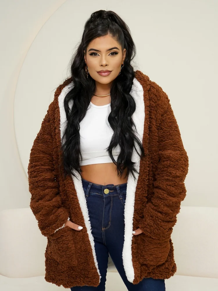 Teddy Bear Double-sided Hairy Coat with Hooded Cap and Pockets Long Sleeve