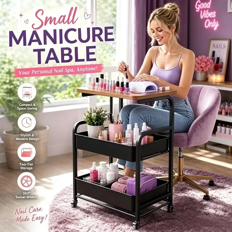 Nail Cart with Wheels, 3-Tier Rolling Manicure Table with Wooden Top & Locking Casters, Mobile Nail Station Storage Cart for Nail Polish Organizer, Home Salon Beauty Trolley, Space-Saving