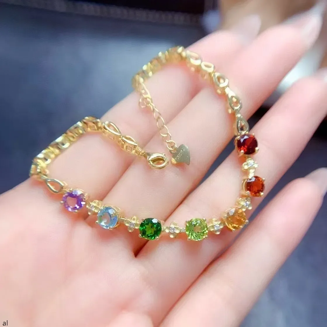 Boutique Jewelry Women's Bracelet 925 Pure Silver Natural Tourmaline Translucent GemsElectroplated 18K gold party birthday gift