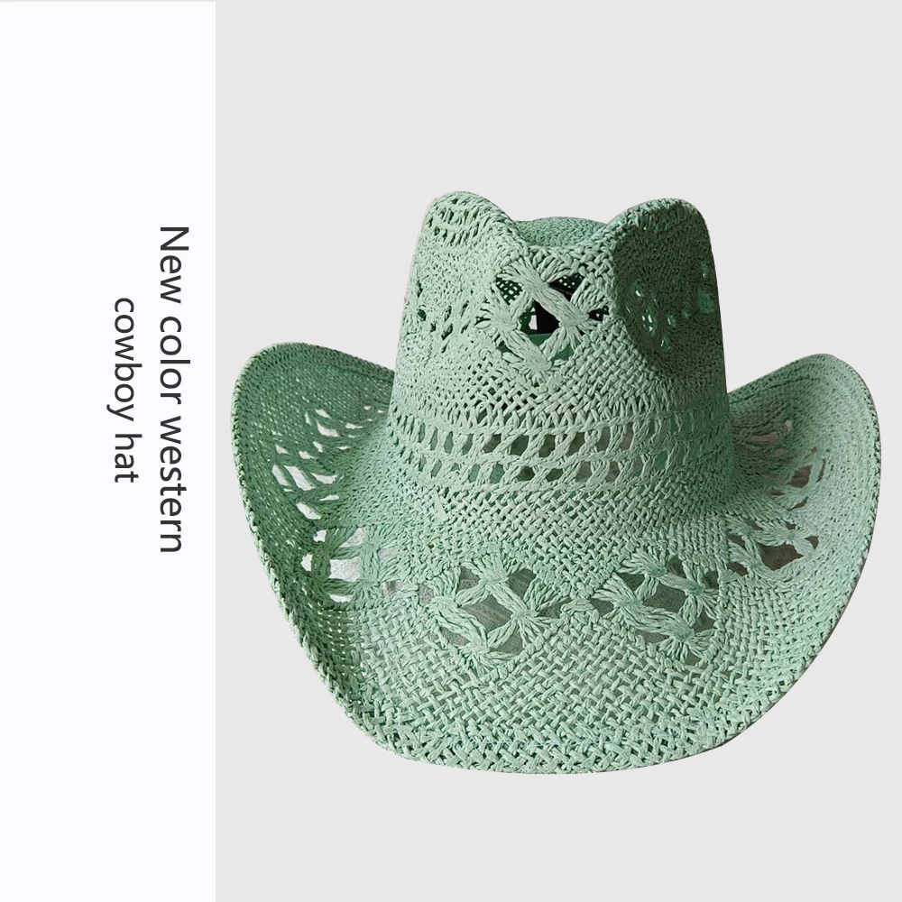 Melesh Western Women's Mint Green Cowboy Hat Straw Cowboy Hat Plasticity Strong Wide Brim Sunshine Beach Western Cowboy Hat