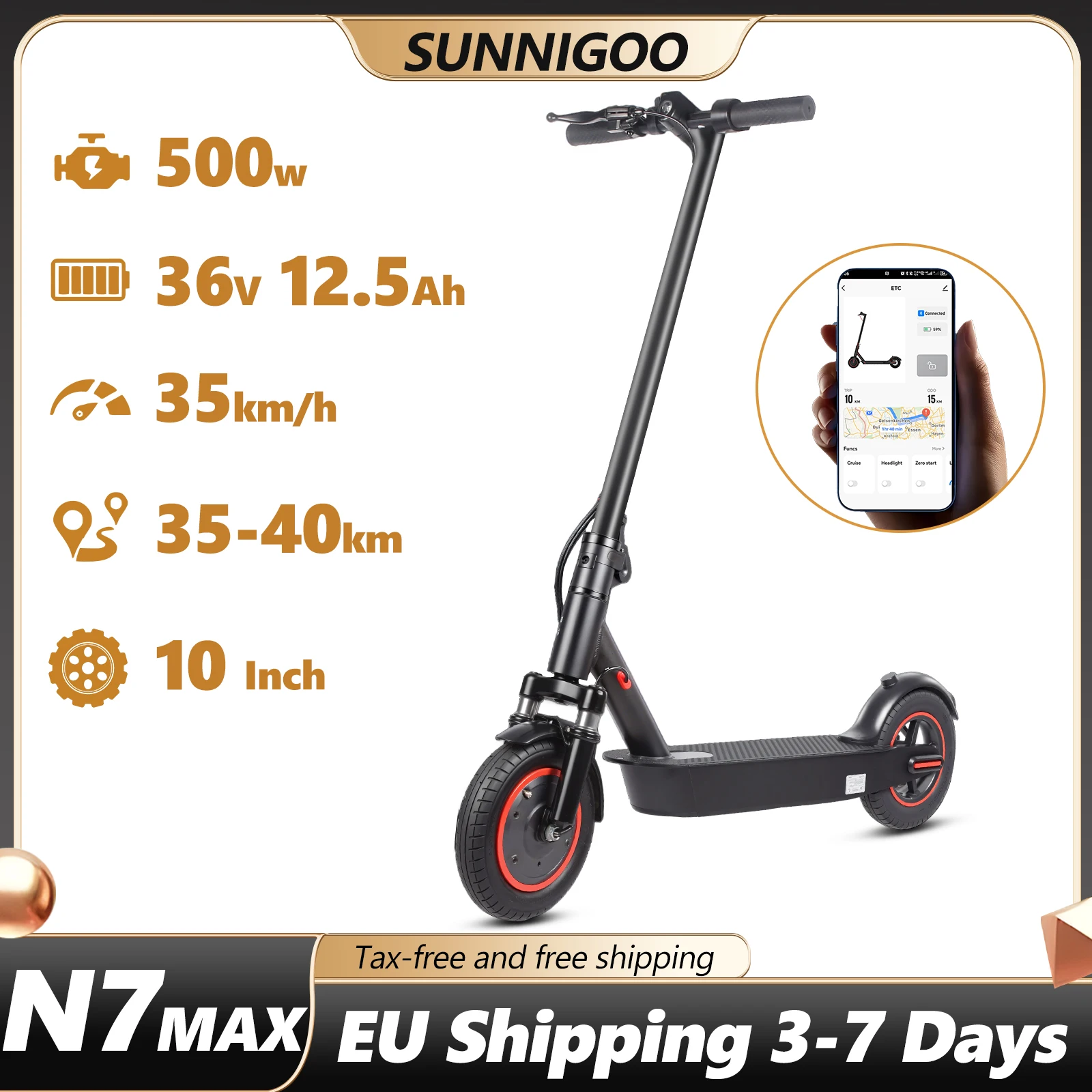 SUNNIGOO Scooter électrique pour adultes, vitesse maximale 35 km/h, scooter pliable 10 ", contrôle par application, moteur 500 W, 36 V/12,5 Ah, double suspension