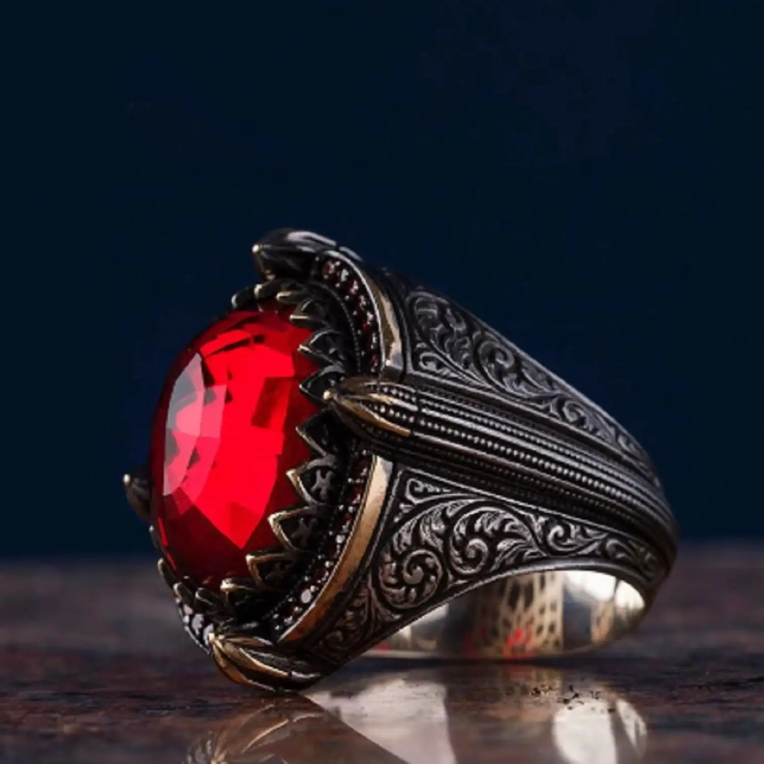 Sterling Silver Men's Ring with Red Topaz - Engraved Band, Unique Paraiba Stone Jewelry