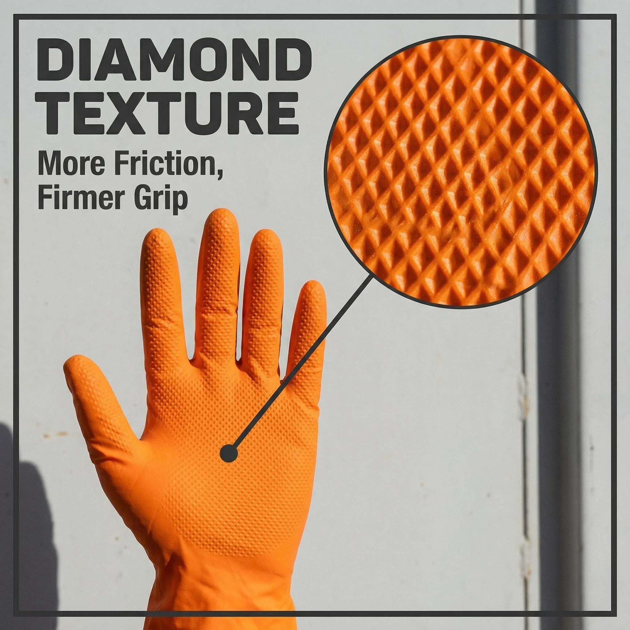 50 Stück robuste 8g Einweg-Handschuhe aus Nitril mit orangefarbenem Diamantmuster, 8 Mil dick, erhöhte Diamantstruktur, puderfr