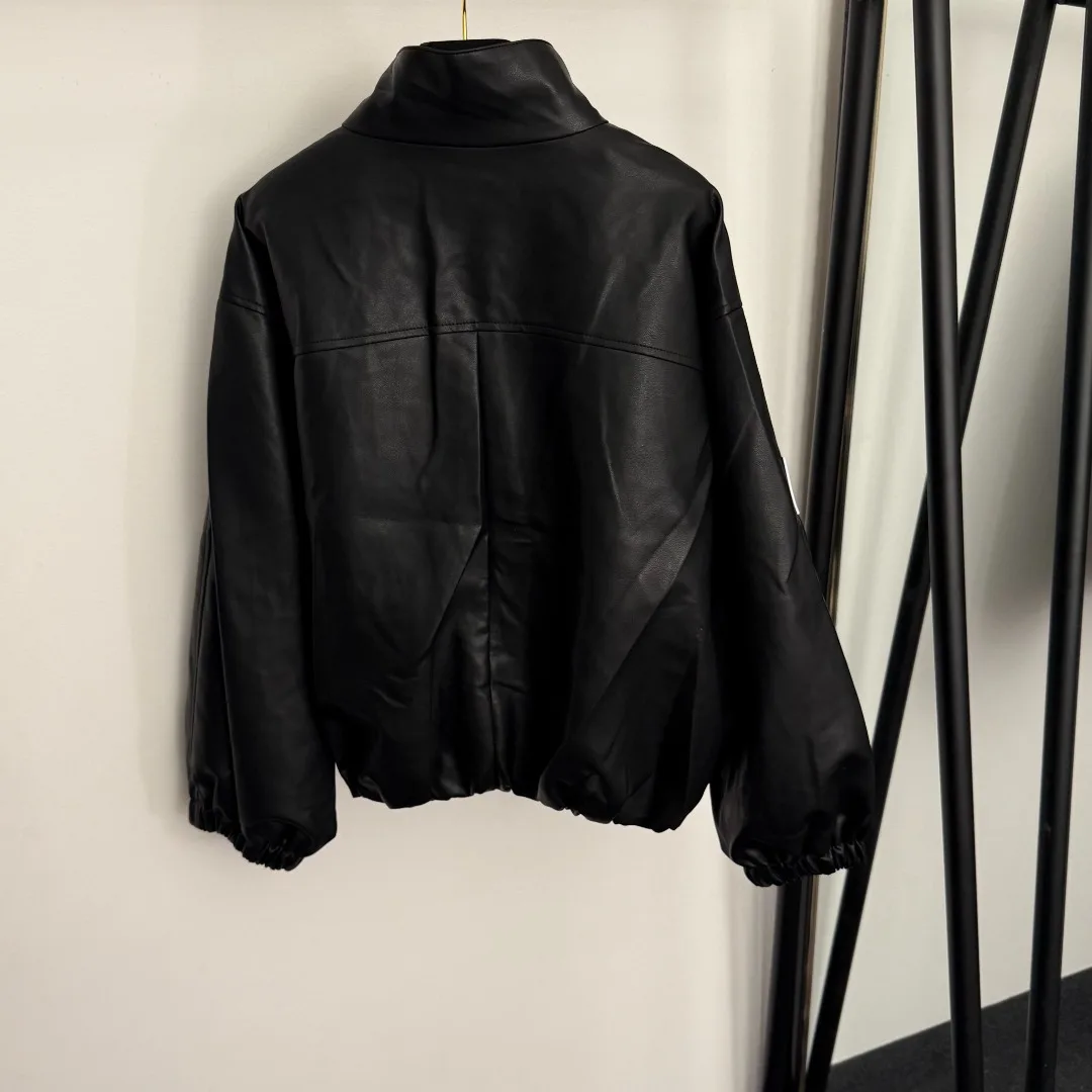 2025 Women Coat New Offset Print Single Breasted Stand Collar Long Sleeve PU Leather Coat Fashion All-go Women Coat