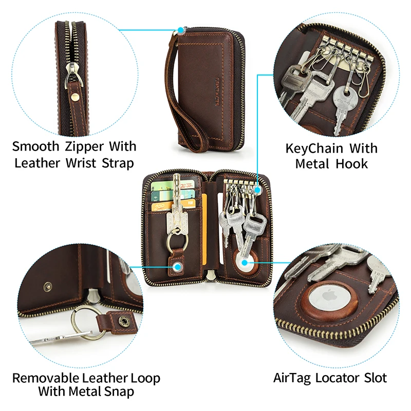 CONTACT\'S Genuine Leather Key Wallet with Airtag Slot Men Zipper Key Pouch Organizer High Quality Housekeeper Wallet Card Holder