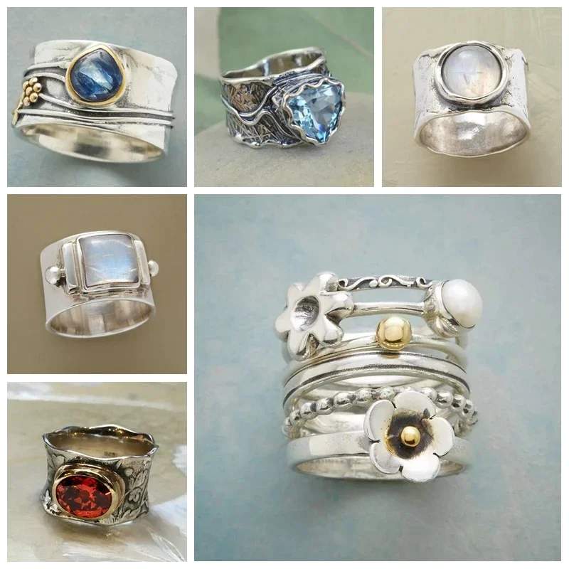Vintage Tibetischen Mondstein Große Healing Kristall Ringe für Frauen Boho Antike Indische Mondstein