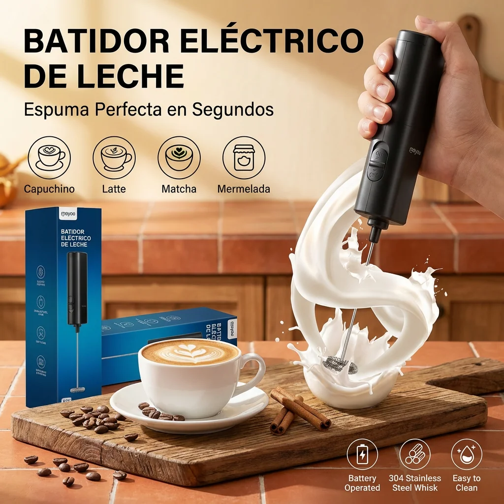 Espumador de Leche, Batidora de Mano, Espumador de Leche Electrico, Batidora de Cafe, Acero Inoxidable Portátil Batidor de Eléctrica para Lattes, Capuchino, Frappe Matcha, Chocolate