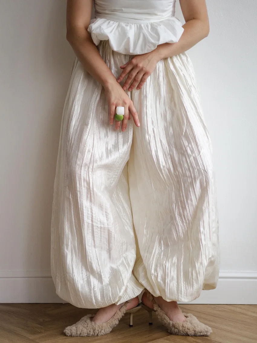 Casual Apricot Lantern Pants Oversized Long Pants Pleated Loose 2026 Spring Women Elegant Commute Fashion Elastic Waist Sheer