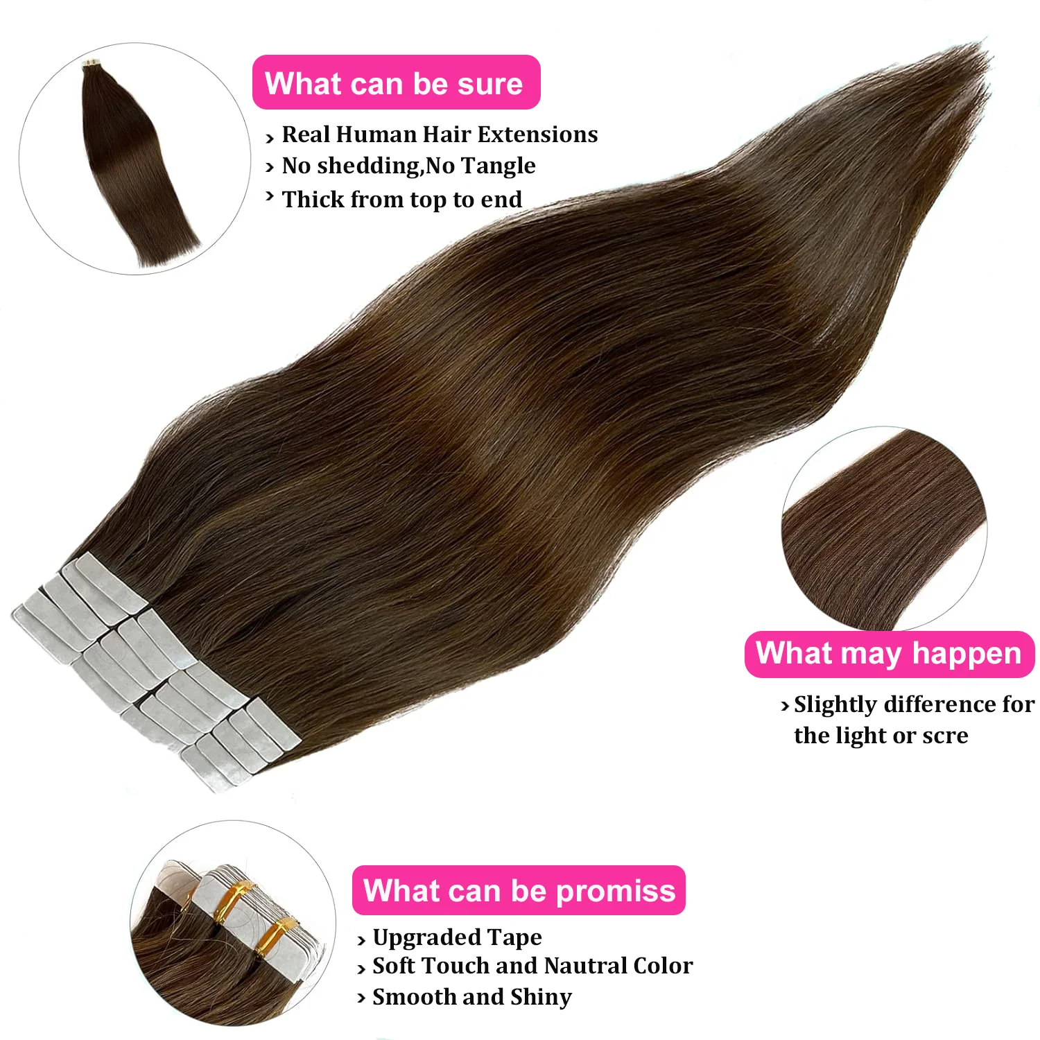 Tape in Hair Extensions Brazilian 100% Remy Human Hair Darkest Brown 22 24inch Invisible Straight 12A Hair 40pieces for Salon
