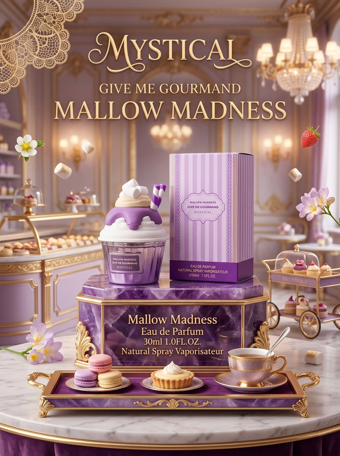 Perfume Mallow Madness Mystical 30ml Aroma Gourmet Malvavisco y Fresa Fragancia de Cupcake Dulce Duradera Eau de Parfum para Mujer Edición Give Me Gourmand Ideal para Cita Romántica o Regalo de Cumpleaños Especial.