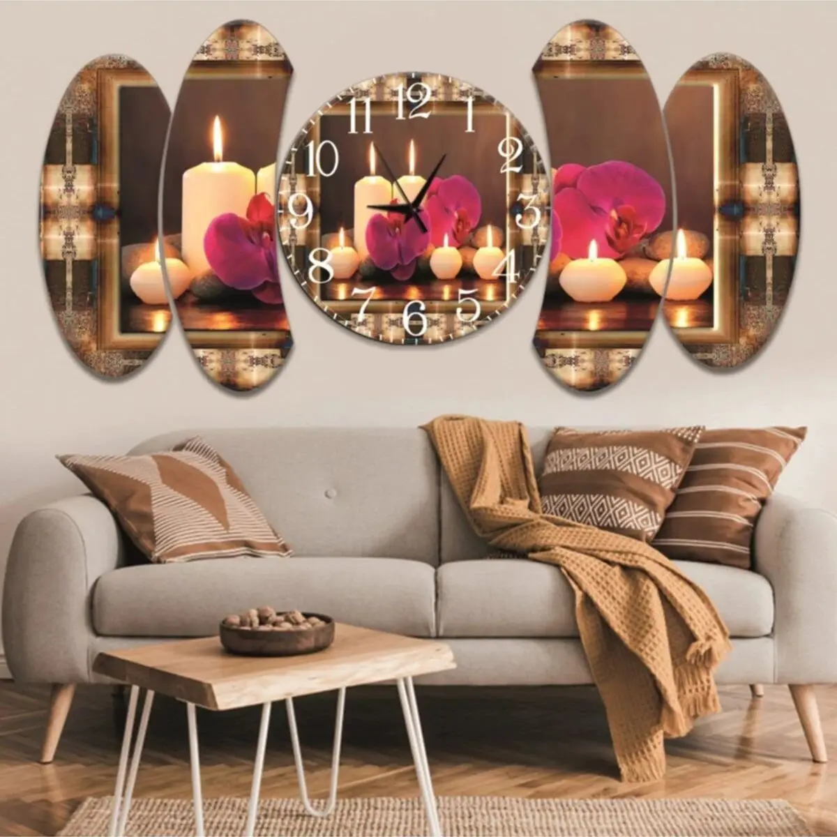 5 piece Romantic Candle Theme Design Saatli Mdf Table Big size Luxury Wall Clock Large Size Table European Model Hand making Table And