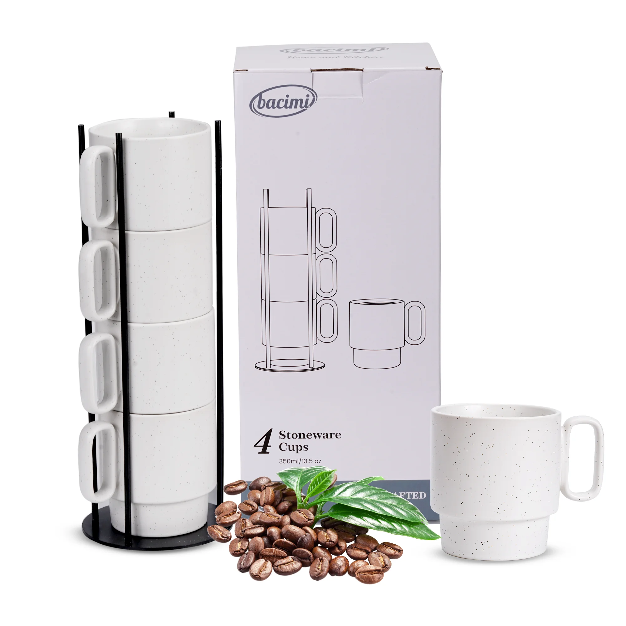 Bacimi® - Stackable Coffee Mugs Set of 4 with Metal Rack - Stoneware Mugs 13.5oz Coffee Mug Stand - Ceramic Coffee Cups for Latte, Cappuccino & Hot Beverages - Eggshell White