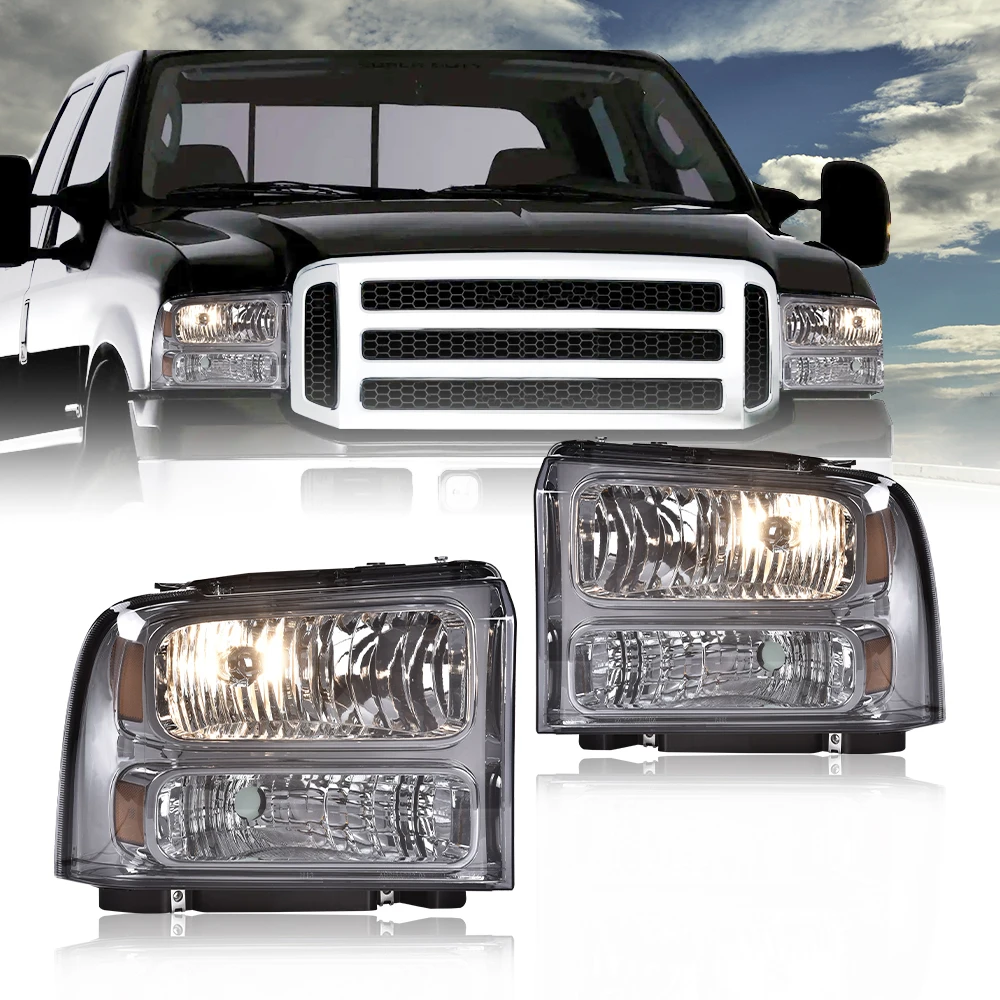 

Excursion Smoke Conversion Headlights Fit for 1999-04 F250 F350 Ford Super Duty Chrome Housing Clear Lens Cold White Halogen