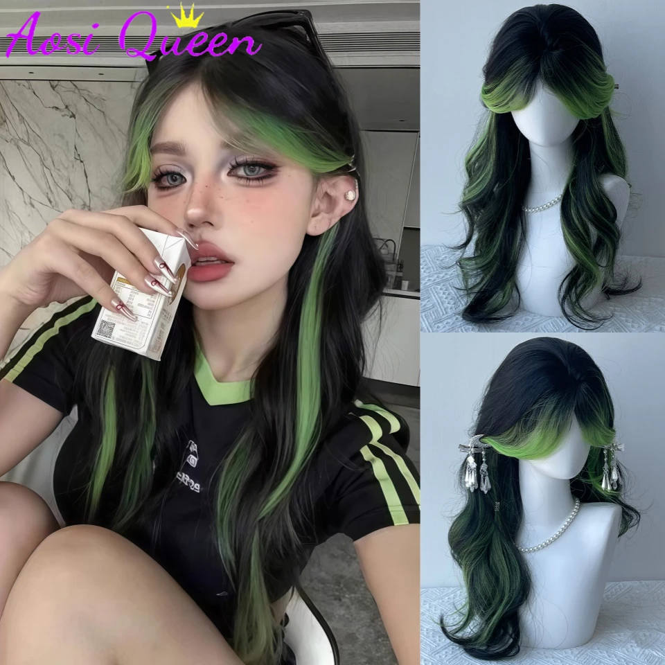 

AOSI Long Wave Curly Highlights Black Green Cosplay Wigs Heat Resistant Synthetic Wigs Middle Part Natural Lolita Wigs For Women