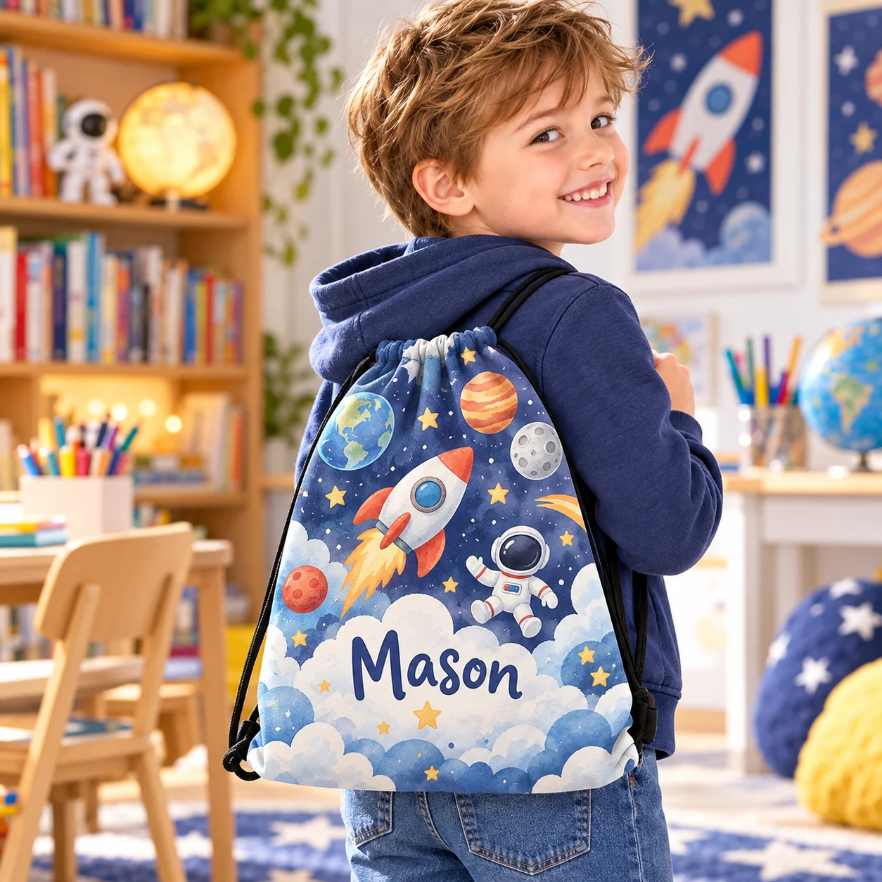 Custom Drawstring Backpack Personalized Photo Name Text Gym Sack School Travel Gift Bag for Children