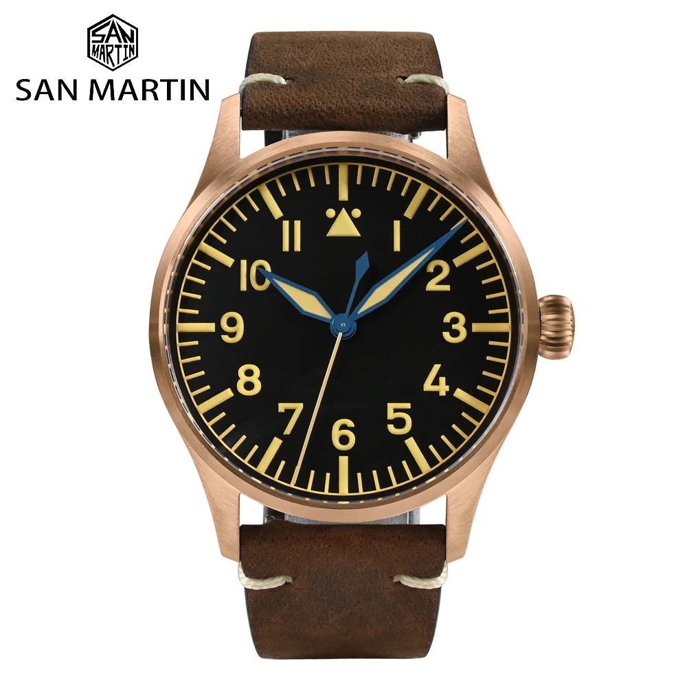 San Martin 41mm Pilot Watch A Type Dial Simple Vintage Military Wind Bronze Mechanical Wristwatch for Men luminous 10Bar SN0117