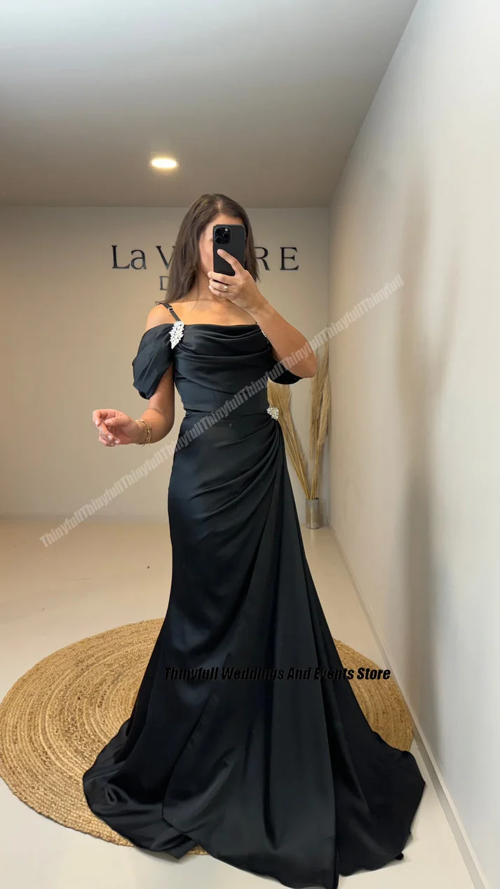 Thinyfull Mermaid Black Prom Dress Off Shoulder Satin Crystal Evening Party Dresses 2024 Floor Length Formal Occasion Gown