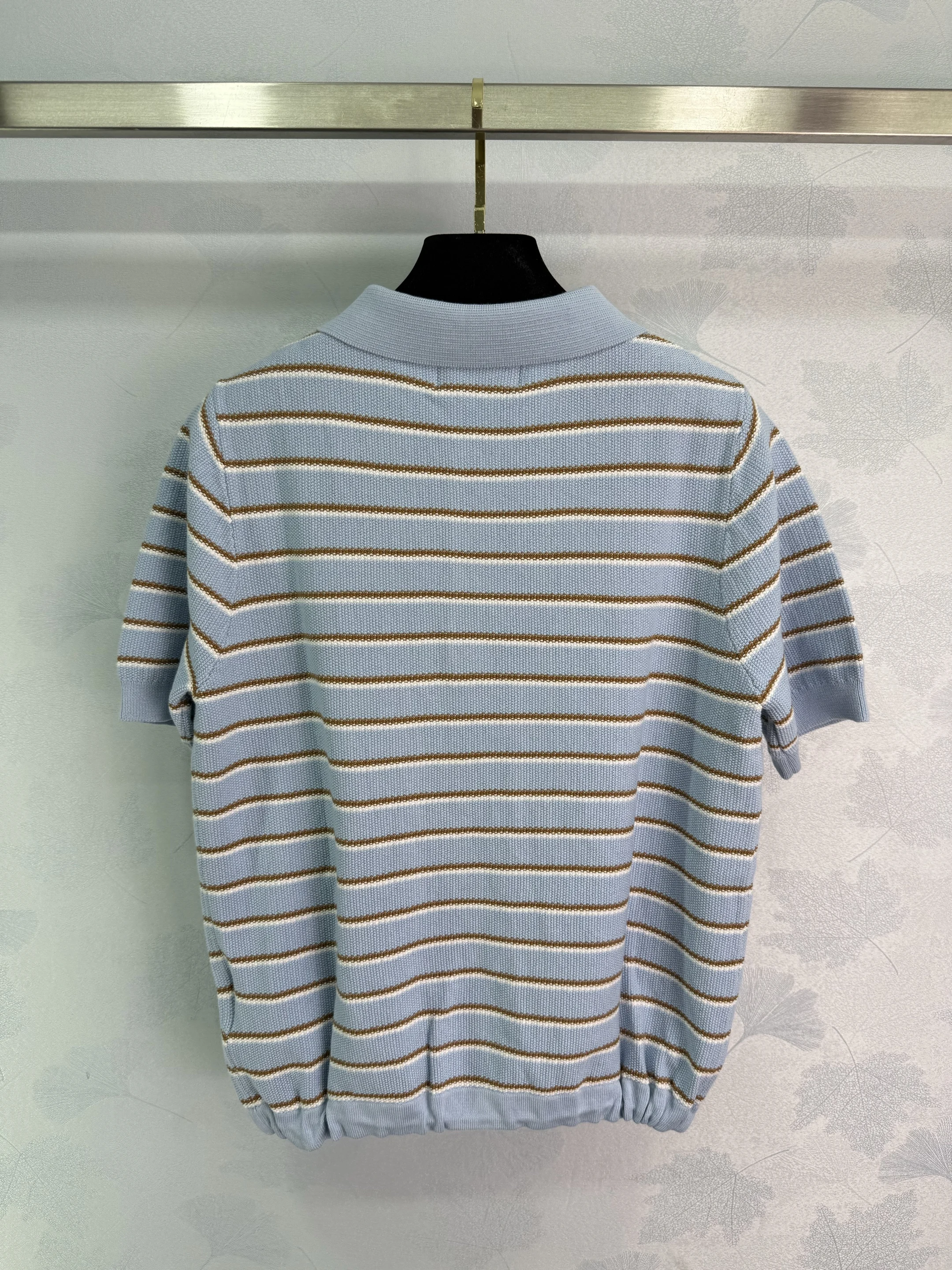 

2025 Summer New Polo Short Sleeved T-shirt with Adjustable Drawstring Design Blue and White Stripes WYY-287