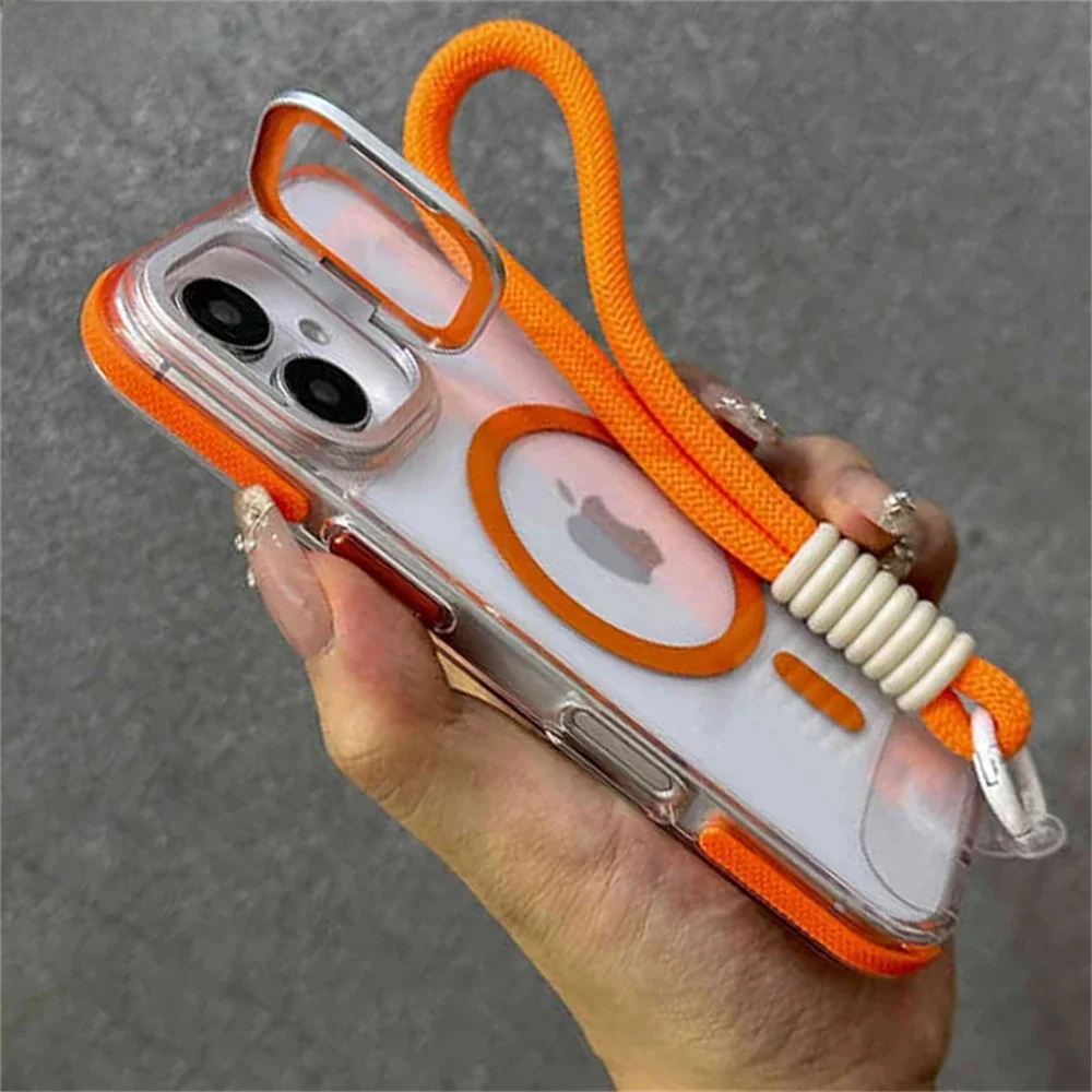 Magnetyczne etui z funkcją ładowania bezprzewodowego MagSafe, z klapką na aparat, uchwytem na nadgarstek, przezroczyste, do iPhone'a 17 16 11 12 13 14 15 Pro Max Plus — zdjęcie produktu 7