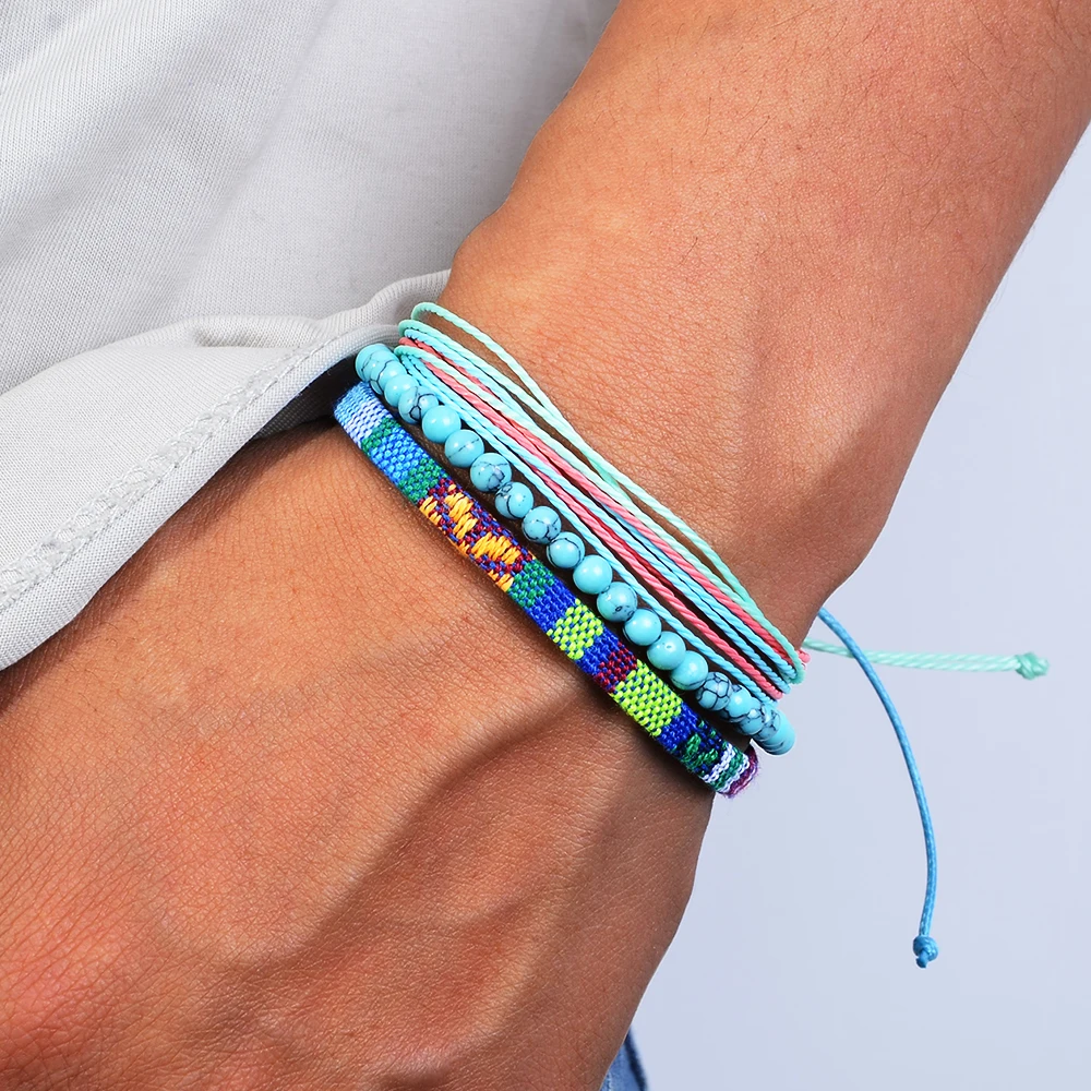 3-teiliges geflochtenes Armband-Set für Herren, Naturstein-Paar-Armband, handgewebtes Armband aus böhmischer ethnischer Baumwolle und Leinen